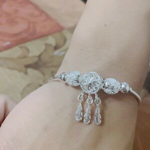 Elegant Silver Charm Bangle Bracelet Adjustable Size